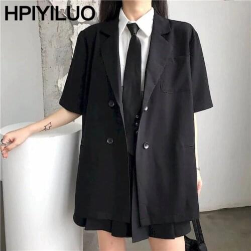 Womens Black Suit Summer Thin Section 2021 New Korean Version Loose Double-breasted Dark Short-sleeved Suit Jacket Female Trend