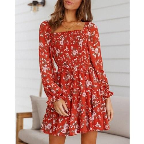Fall Summer Floral Printing Ruffle Mini Dress Ladies Long Sleeve Square Collar Slim A-line Dress Women Casual Party Clothes S-XL