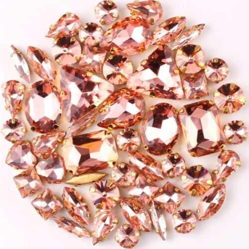 Gold claw setting 50pcs/bag shapes mix Lt peach glass crystal sew on rhinestone wedding dress shoes bags diy trim