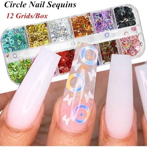 12 Grids Laser Circle Shape Nail Glitter Flakes Hollow Out 3D Sequins Nail Art Decorations Nail Tips Nail Stickers