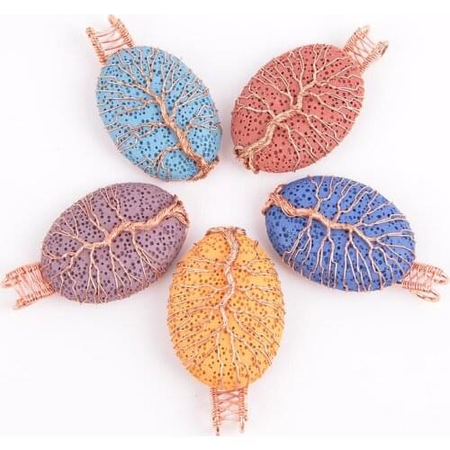 2019 Men Women Jewelry Rose Gold Color Wire Wrap Natural Volcanic Rock Stone Necklace Pendant Water Drop Tree of Life&Free D362