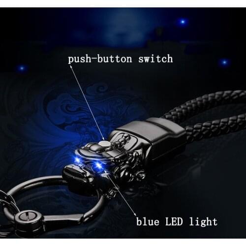 Hand-woven dragon keychain blue LED light key chain key holder genuine leathercar key chain sleutelhanger llaveros hombre