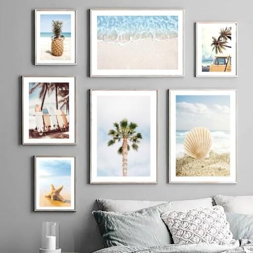 Caribbean Nordic Poster Beach Waves Surfboard Palm Tree Starfish Wall Art Print Canvas Painting Decor Pictures For Living Room