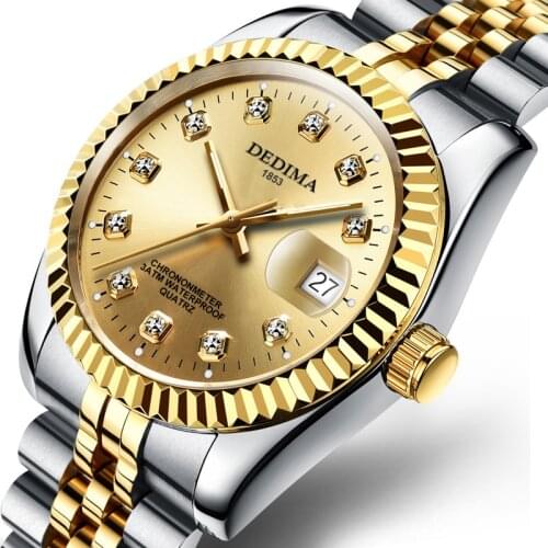 Fashion couple steel band watch waterproof high-end gold watch brand mens and womens student calendar gold watch