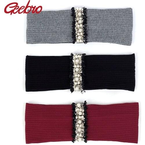 Geebro Pearl Lace Stripe Elastic Ribbed Women Yoga Headband Delicate Beads Hairband Female Hair Accessories for Lady Girls