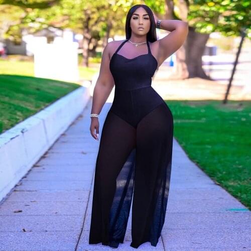 Sexy New Jumpsuit Women Bodysuit Summer Mesh Patchwork Wide Leg Party Birthday One Piece Outfits overalls for women
