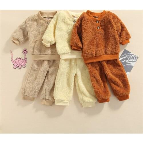 0-36m Baby Autumn Winter Outfit Solid Color Fluffy Long Sleeve Tops Long Trousers Baby Girls Set For Baby Boys Warm Clothes Set