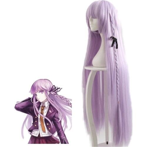 Dangan Ronpa Kyouko Kirigiri Purple Cosplay Wig with Kniting Braid Ponytail 100cm Long Straight Synthetic Hair Party Costume Wig