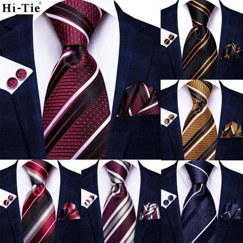 Hi-Tie Burgundy Black Gold Striped Paisley Silk Wedding Nicktie For Men Hanky Cufflink Gift Tie Set Business Party Dropshipping