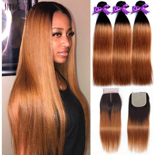 Ombre Honey Blonde Bundles With Closure Peruvian Straight Human Hair 3 Bundles With Closure Brown 1B 30 Shining Star Remy Hair