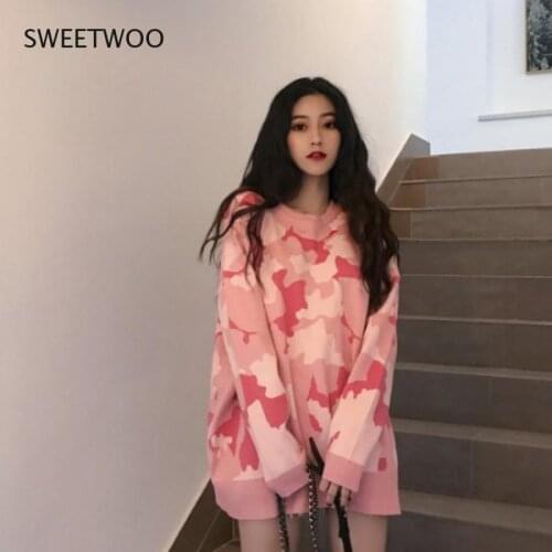 Fashion Womens 2021 Pink Camouflage Pullover Sweater Womens Lazy Wind Mid-Length Casual Loose Sweater Sweater