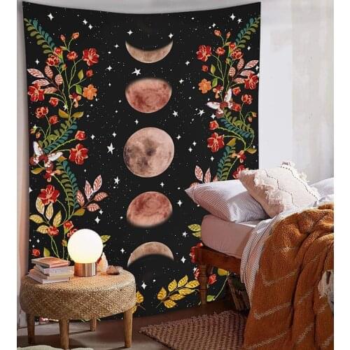 Retro Moon Phase Wall Hanging Tapestry Flower Pattern Background Cloth Home Decoration Bedroom Wall Covering Tapestry