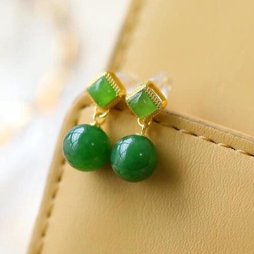 Natural and Tian Yu jade earrings womens high-level sensor earrings 925 pure silver simple temperament jade earrings