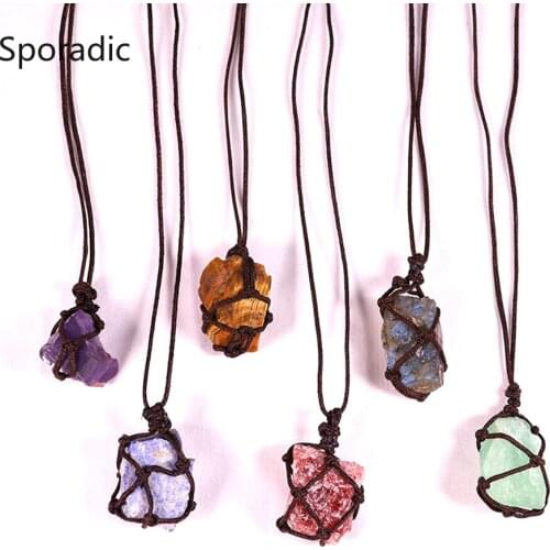 Sporadic 1pcc Natural Crystal Quartz Raw Net Pocket Pendant Crystal Necklace Healing Stone Reiki Hangings Craft with Weave Rope