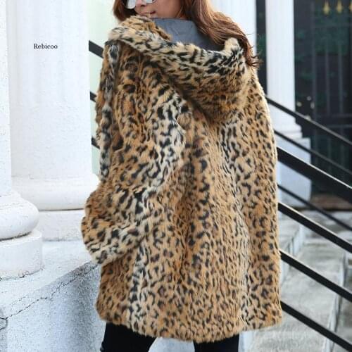 Teddy Jacket Womens Ladies Winter Warm Faux Fur Coat Jacket Leopard Hooded Outerwear Jaqueta Feminina