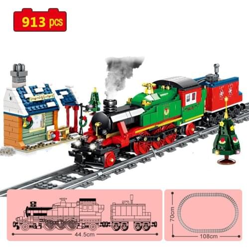 Military Series Winter Christmas Steam Train Railway track Mini platform DIY Model Building Blocks Bricks Toys Gifts