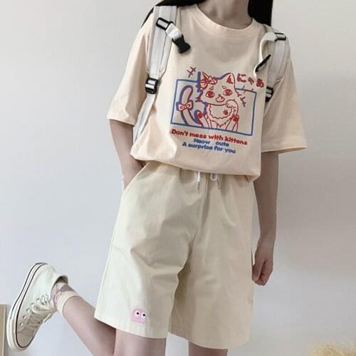 Japanese Kawaii Cute Cartoon T Shirt Girls Harajuku Casual Cotton Shorts Loose Short Sleeve Tops Set Women Y2k Student Tee Shirt