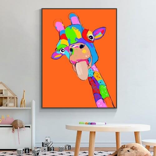 YIQING Abstract Colorful Giraffe Oil Painting Orange Background 100% Hand Painted Animal Canvas Wall Art For Kids Room Decor
