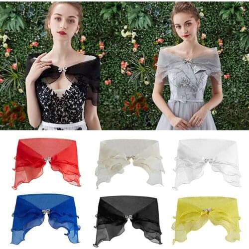 Women Vintage Layered Gauze Shawl Wrap Shrug Rhinestone Buckle Front Wedding Dress Cover Up Sexy Off Shoulder Ruffles Bolero