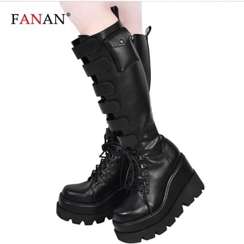 FANAN Women Wedge Platform Knee High Motorcycle Boots Chunky High Heel Black Goth Punk Mid Calf Combat Riding Boots for Women