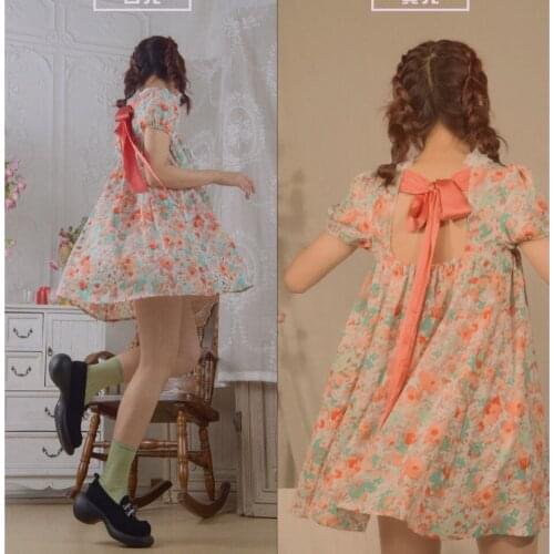 2021 new floral skirt light dress bubble sleeve backless bow fresh summer Chiffon suit Lolita