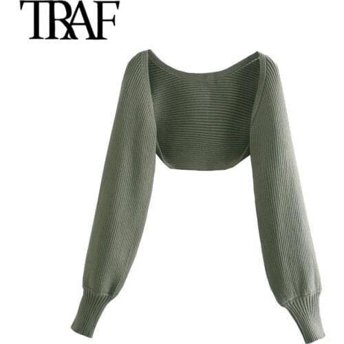 TRAF Women Fashion Arm Warmers Cropped Knitted Cardigan Sweater Vintage Long Sleeve Female Outerwear Chic Tops