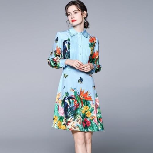 ZUOMAN Women Autumn Elegant Dress Shirt High Quality Blue Office Party Robe Femme Vintage Print Designer Short A-Line Vestidos