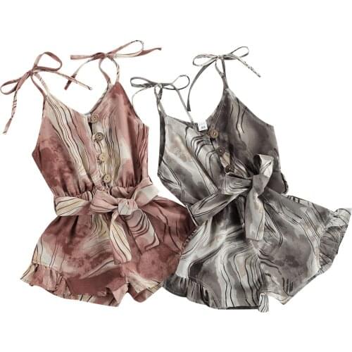 2021 Kids Children Tie-dye Sling Romper with Ruffles, Girls Sleeveless V-neck Short Jumpsuit with Waistband 1-6T