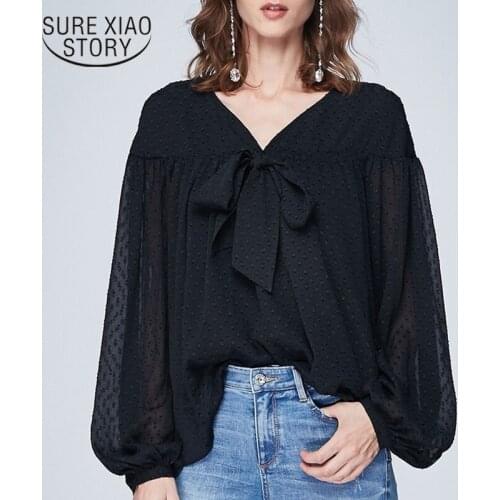 2021 Spring Summer Solid Shirts for Women V-neck Bow Loose Lantern Sleeve Women Blouse Casual Plus Size Office Lady Tops 12638