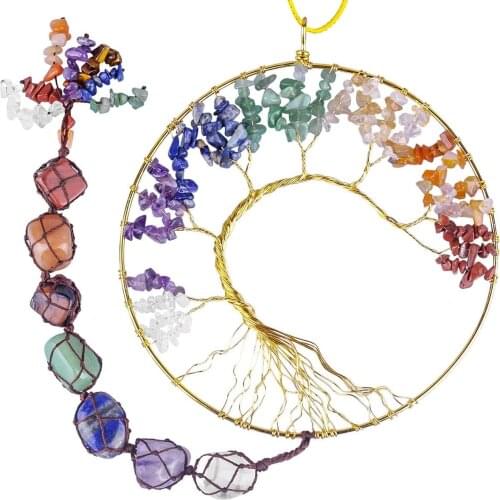 7 Chakras Stones Healing Crystals Tree of Life Wall Hanger Tumbled Gemstones Meditation Hanging Ornament Window Ornament Wedding