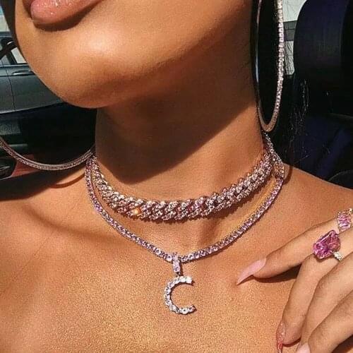 2021 iced out cubic zirconia 5mm cz tennis chain Bubble Letter Alphabet Charm pendant necklace hip hop Men women pink cz jewelry