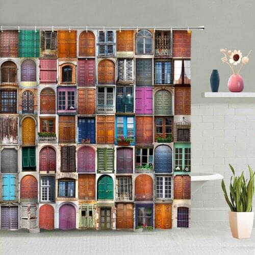 Colorful Wooden Door Window Shower Curtain Retro House Brick Wall Pattern Bathroom Curtains Waterproof Fabric Screen Decor Hooks
