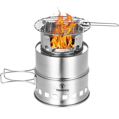 TOMSHOO Stainless Steel Wood Stove Folding Camping Stove Burning With BBQ Net For Backpacking Survival Cooking Hiking Picnic