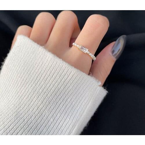 Genuine 925 Sterling Silver Square Zircon Small Pearls Open Rings for Women
