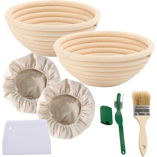 2pc Round 5 inch Bannetons Proving Basket Bread Proofing Basket Sourdough Rising Basket with Cover Dough Scraper Lame Brush