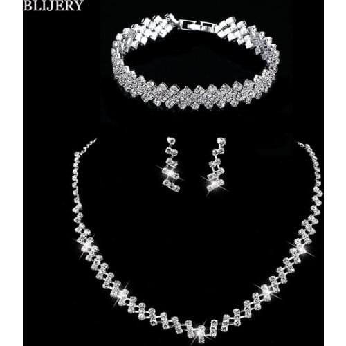 BLIJERY Shiny Rhinestones Bridal Jewelry Sets Women Elegant Wavy Choker Necklace Earrings Bracelet Wedding Jewelry Sets bijoux