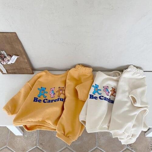 2021 Autumn Long Sleeve Tops + Pants Children 2pcs Suit Bear Print Sweatshirt For Boys And Girls Casual Pants Baby Clothes Set