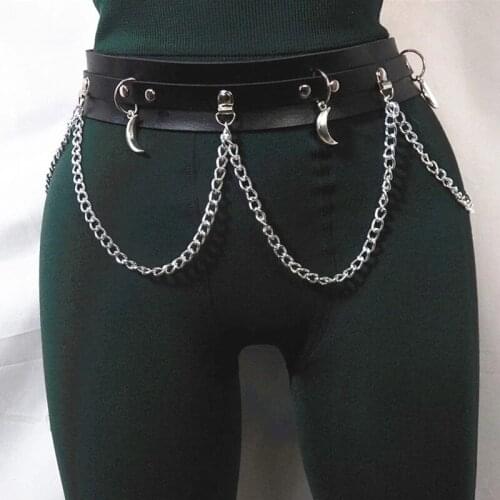 Punk Leather Chain Belt Gothic Body Chain Harness Waist Strap Moon Pendant Adjustable Festival Girls Dance Party Body Jewelry