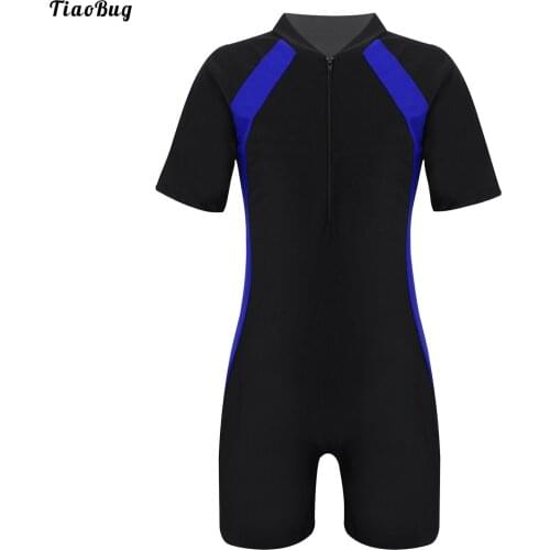 TiaoBug Summer Kids Girls Boys One-Piece Swimwear Stand Collar Short Sleeves Patchwork Swimming Bathing Short Jumpsuit Rashguard