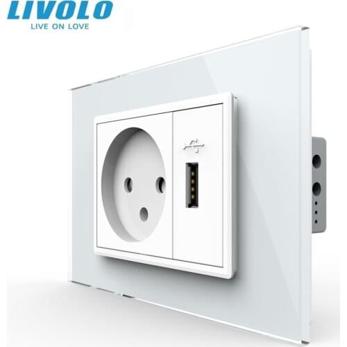 Livolo Israel Socket with Usb Charger , White/Black Crystal Glass Panel, AC 250V16A Wall Power Socket , VL-C9C1IL1U-11