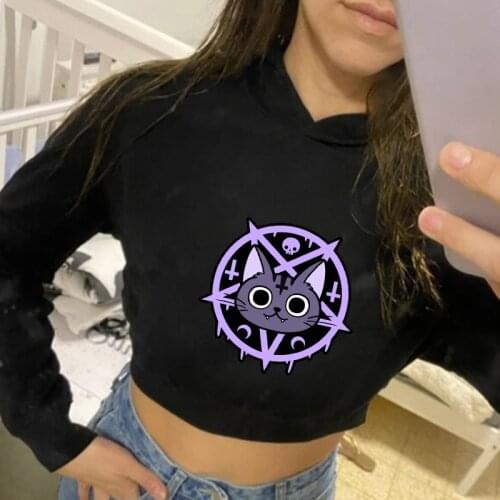 Moon and Cat Japanese Kawaii Short Hooded Sweatshirts for Women Cotton Pullover Woman Cute Graphic Hoodies Warm Crop Top Hoodie