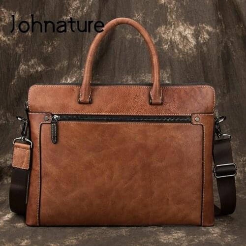 Johnature Men Bag Business Handbag 2021 New Retro First Layer Cow Leather Briefcase Large Capacity Laptop Bag Man Shoulder Bags