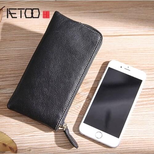 AETOO Wallet, mens leather long zippered wallet, trending mobile phone bag, head leather simple mens wallet