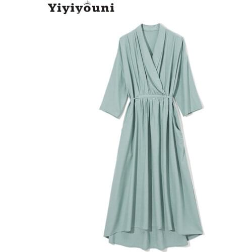 Yiyiyouni Casual High Waist A-Line Dress Women Loose Three Quarter Sleeve Sashes Dress Women V-Neck Party Mid-Calf Dress Sping