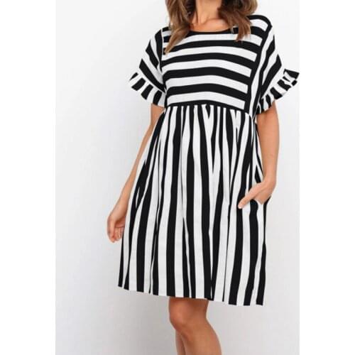 Ruffle Sleeve Striped Dress Patchwork Summer Woman 2021 Casual High Waist O Neck Loose Dresses For Women Fashion Beach Dress