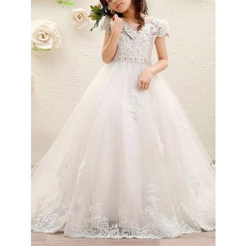 Qality Lace Kids Pageant Dress Flower Girl Dresses for Wedding Beading White Communion Dress for Girls Aged 4-14 Years