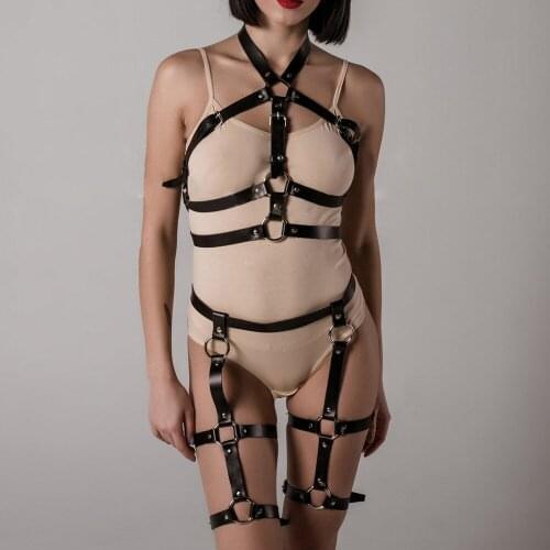 TRODEAM Sexy 2pcs Leather Body Harness Bdsm Belts Bondage Body Chest Harness Gothic Suspenders Harajuku Garter Belt Stockings