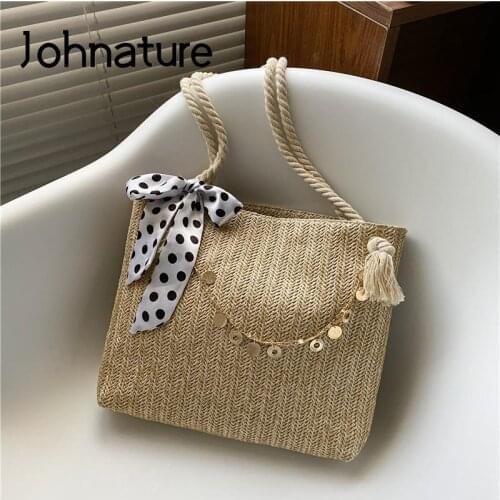 Johnature Fashion Large Capacity Woven Straw Bag 2021 Summer New Leisure Solid Color Shoulder Bags Versatile Female Handbag