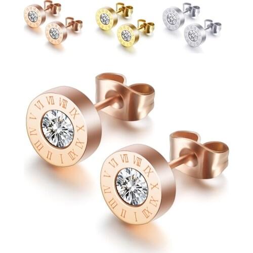Roman Number Stud Earring for Woman Crystal Round Rose Gold Gold Silver Color Earrings Ears Fashion Charm Jewelry