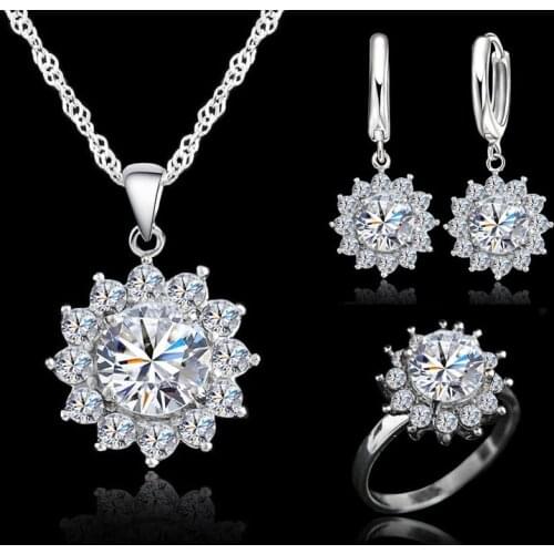 Elegant 925 Sterling Silver Jewelry Set Pendant Necklace Finger Ring Earring For Women Pretty White Clear Zirconia Stone